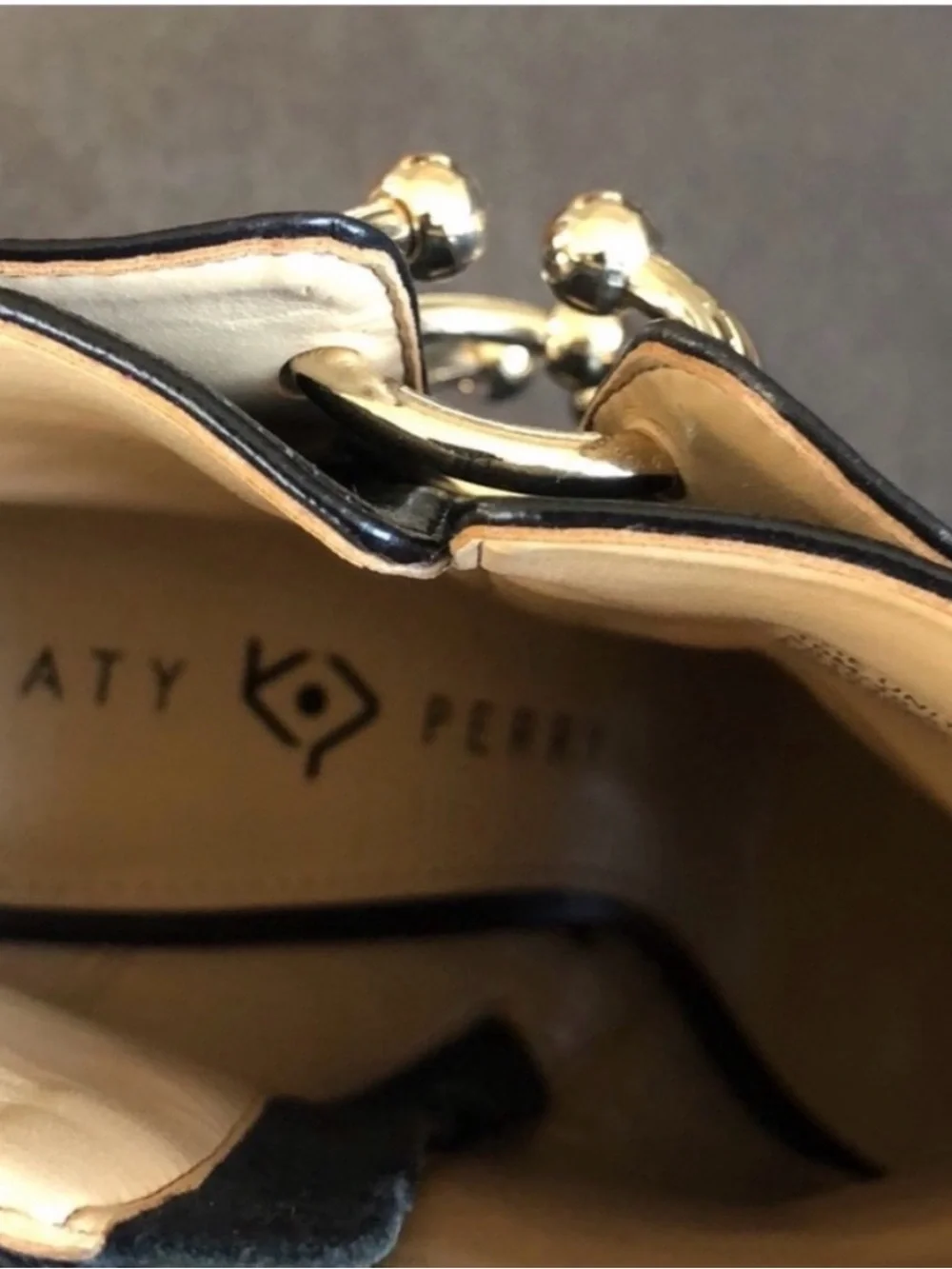 Katy Perry Black Leather Peep-Toe Ankle Boots with Gold Ring detail Sz 10